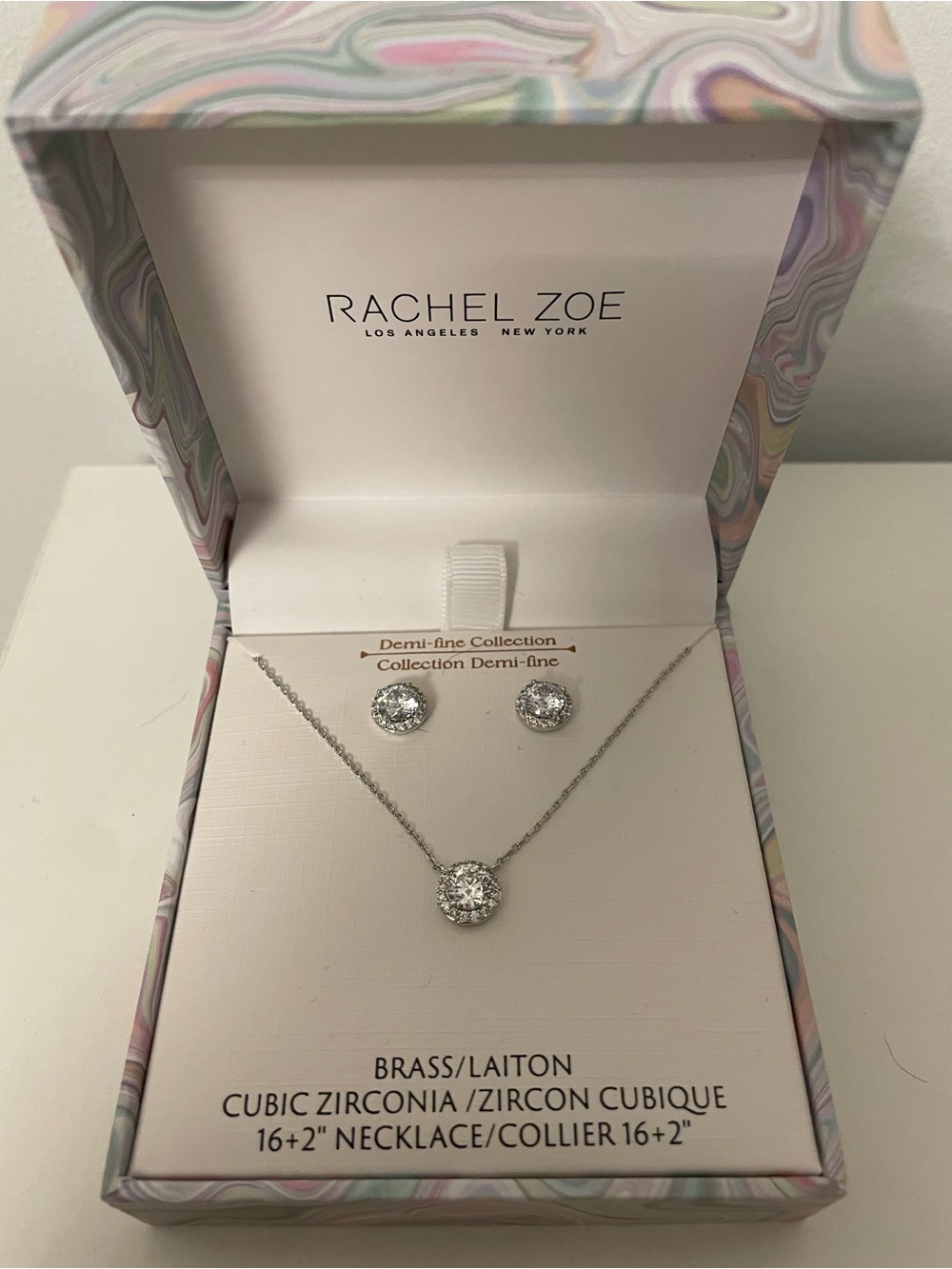 RACHEL ZOE Demi-Fine Collection Silver Cubic Zirconia Necklace & Stud Earrings
